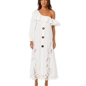Myriam Annoyave A. Cotton Linen Embroidered Cutout Off One Shoulder Midi Dress M